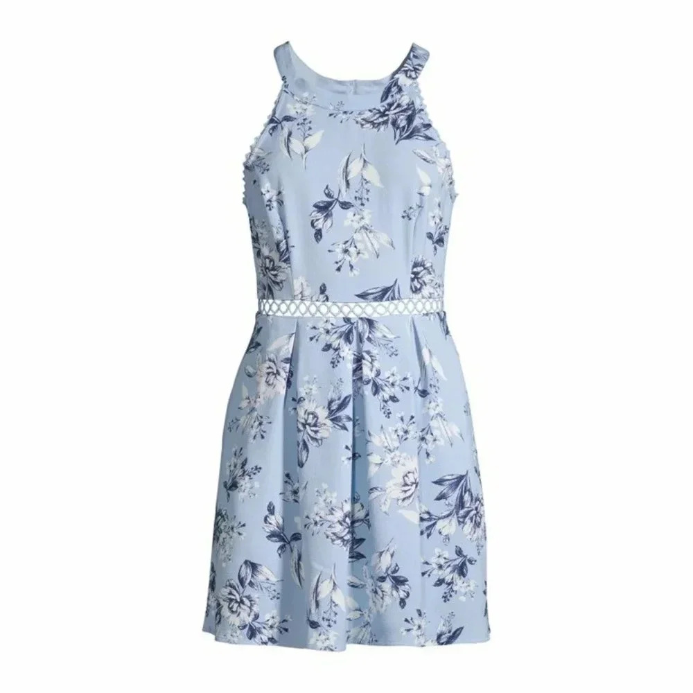 Speechless Blue Floral Halter Neck Fit Flare Dress Women Small NWT